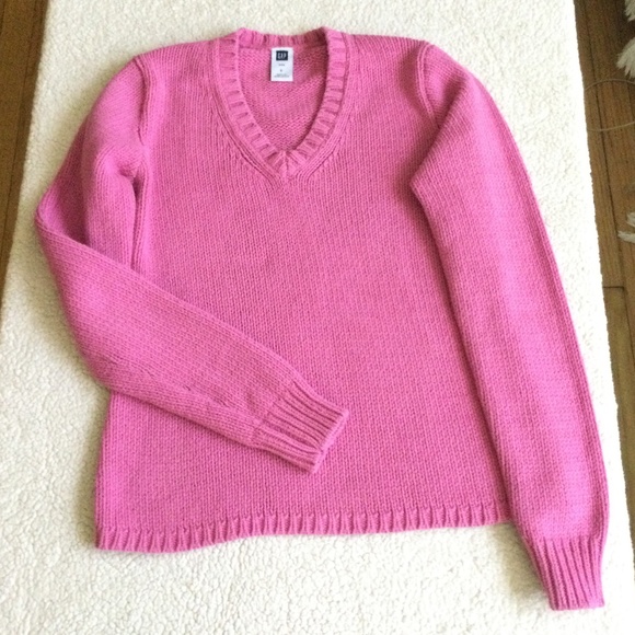 Vintage GAP Y2K Chunky V-Neck Sweater Bright Pink Long Sleeves - Sz Small - Picture 1 of 11